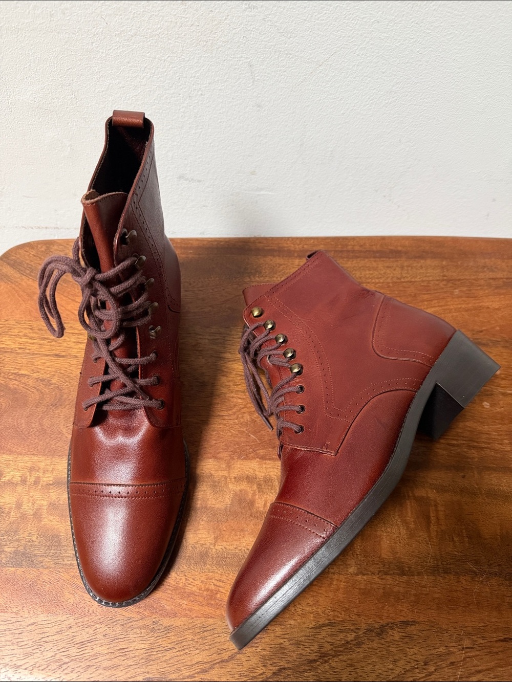 Women's Leather Lace-Up Cap-Toe Boots in Chestnut Brown